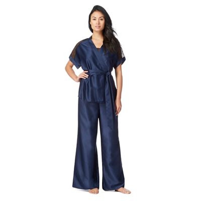 The Collection Navy lace trim dressing gown, pyjama cami and bottoms set